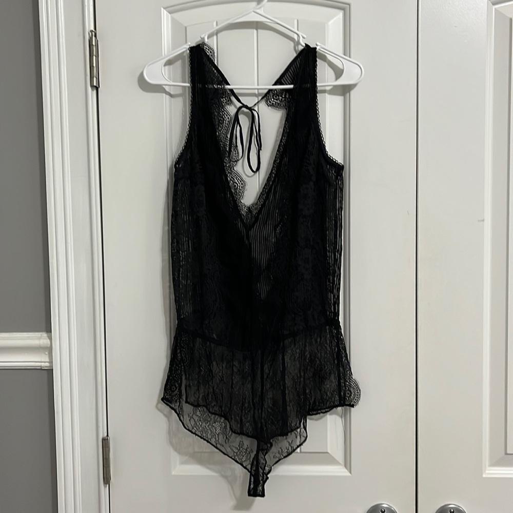 Black VS romper, various sheer and lace materials, backless with tie at neck